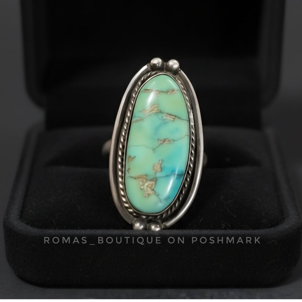 vintage Navajo large face ring, sterling silver with large green turquoise stone